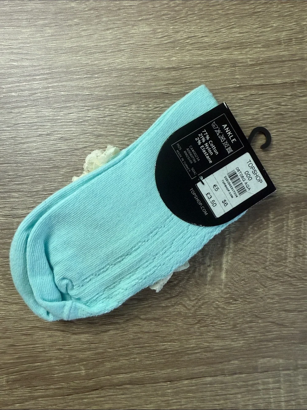 Topshop aqua ankle socks with cream lace ruffle